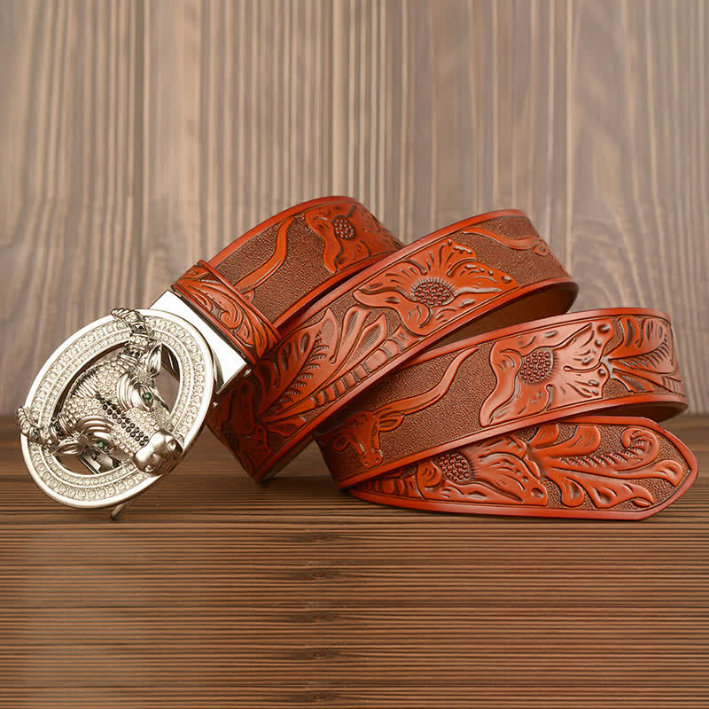 Cinturón de cuero con hebilla automática de toro y brillantes diamantes de imitación para hombre