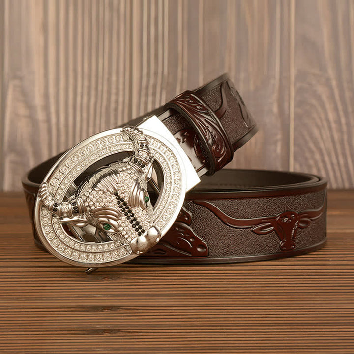 Cinturón de cuero con hebilla automática de toro y brillantes diamantes de imitación para hombre