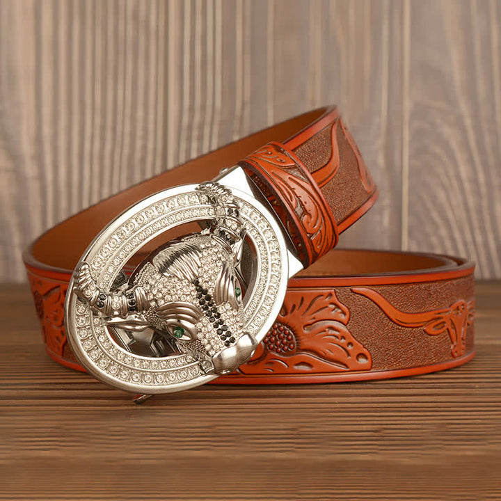Cinturón de cuero con hebilla automática de toro y brillantes diamantes de imitación para hombre