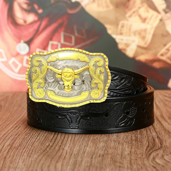 Cinturón de cuero dorado con actitud de lucha de toros para hombre