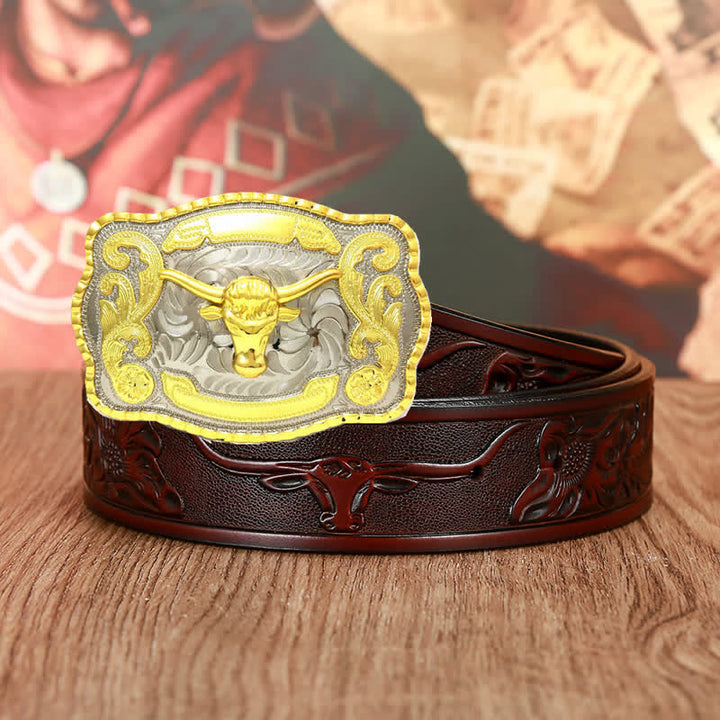 Cinturón de cuero dorado con actitud de lucha de toros para hombre