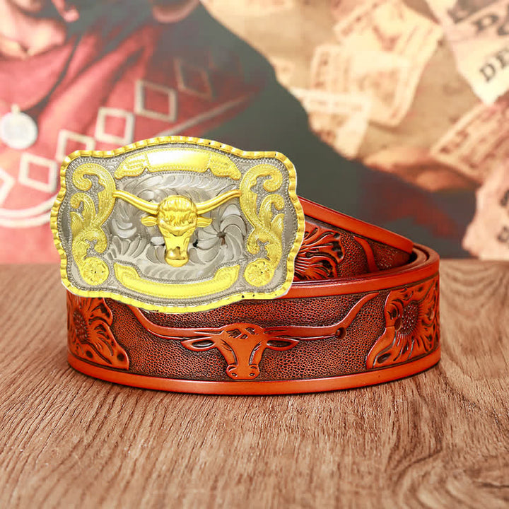 Cinturón de cuero dorado con actitud de lucha de toros para hombre