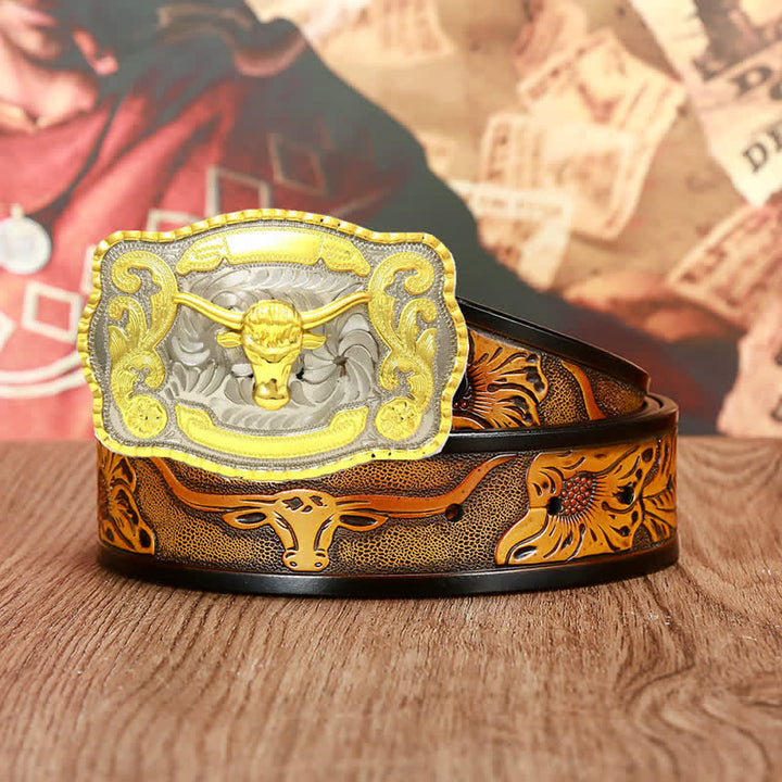 Cinturón de cuero dorado con actitud de lucha de toros para hombre