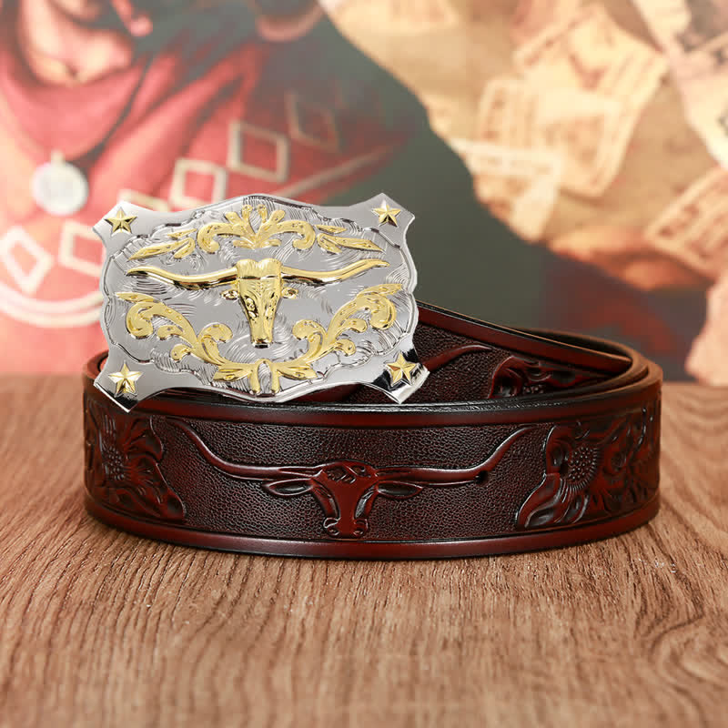 Cinturón de cuero con cabeza de toro en 3D en color dorado y plateado para hombre