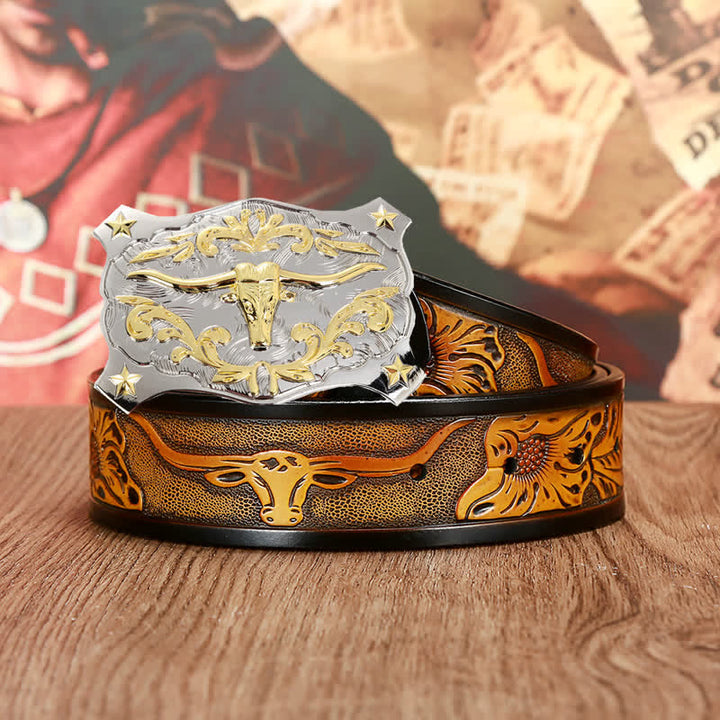 Cinturón de cuero con cabeza de toro en 3D en color dorado y plateado para hombre