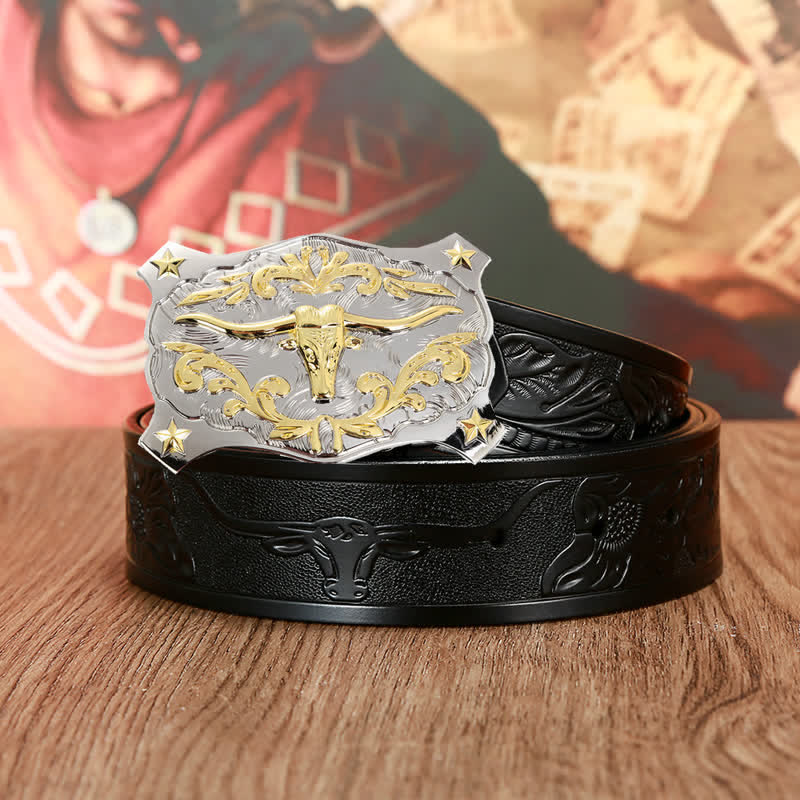 Cinturón de cuero con cabeza de toro en 3D en color dorado y plateado para hombre