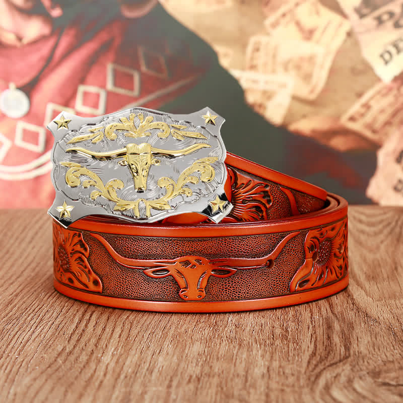 Cinturón de cuero con cabeza de toro en 3D en color dorado y plateado para hombre