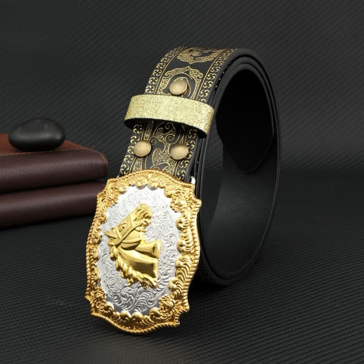 Cinturón de cuero con estampado floral en relieve y diseño de caballo en color bronce para hombre