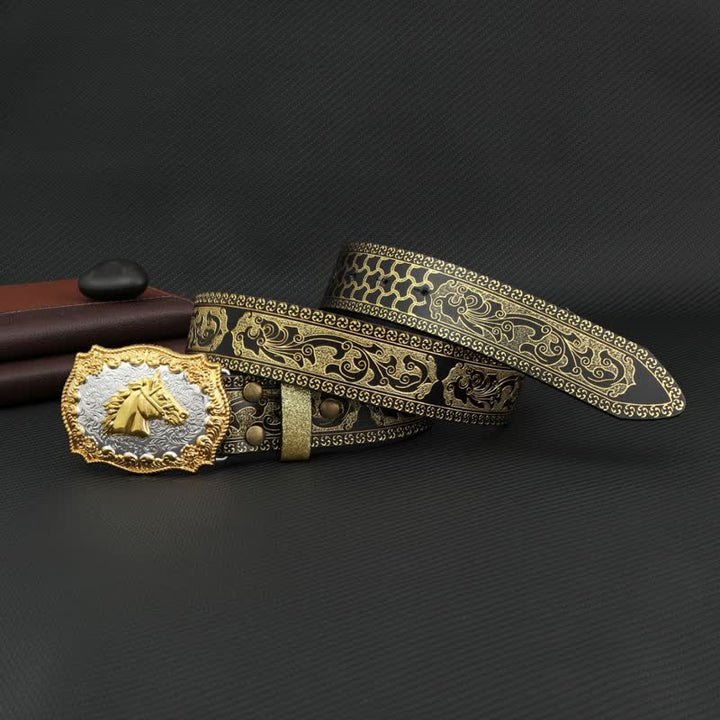 Cinturón de cuero con estampado floral en relieve y diseño de caballo en color bronce para hombre