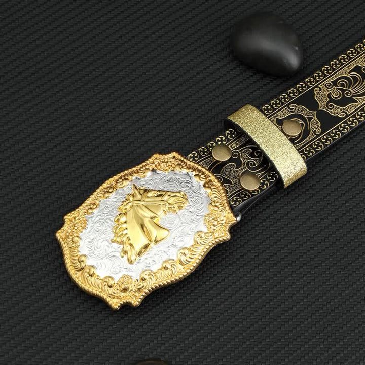 Cinturón de cuero con estampado floral en relieve y diseño de caballo en color bronce para hombre