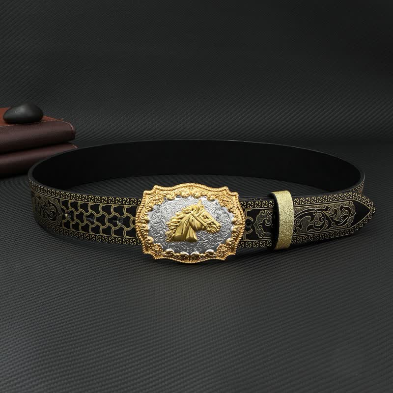 Cinturón de cuero con estampado floral en relieve y diseño de caballo en color bronce para hombre