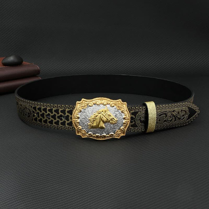 Cinturón de cuero con estampado floral en relieve y diseño de caballo en color bronce para hombre