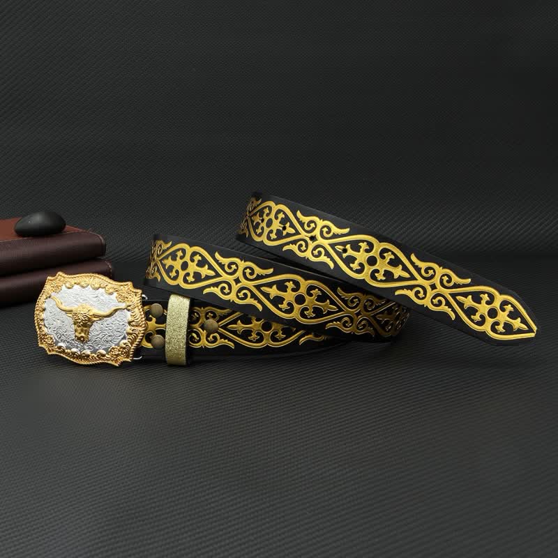 Cinturón de cuero con estampado floral en relieve y bronceado de toro para hombre