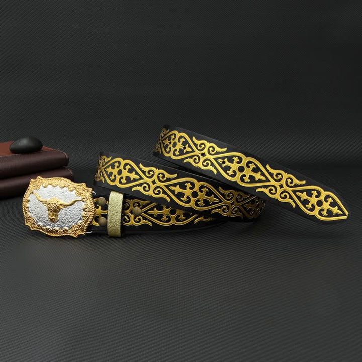 Cinturón de cuero con estampado floral en relieve y bronceado de toro para hombre