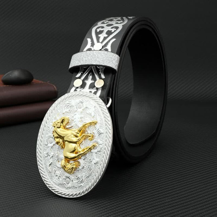 Cinturón de cuero con relieve plateado y diseño de caballo corriendo redondo para hombre