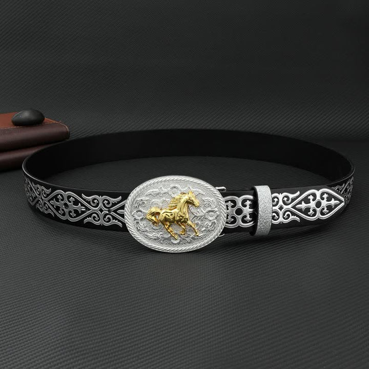Cinturón de cuero con relieve plateado y diseño de caballo corriendo redondo para hombre