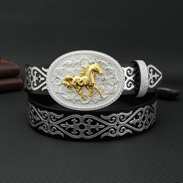 Cinturón de cuero con relieve plateado y diseño de caballo corriendo redondo para hombre