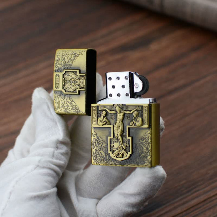 Encendedor de butano recargable con rueda de molienda y relieve de cruz de Jesús