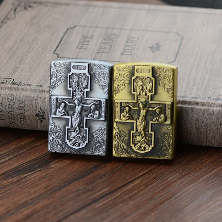 Encendedor de butano recargable con rueda de molienda y relieve de cruz de Jesús