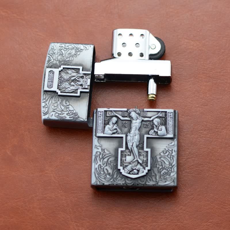 Encendedor de butano recargable con rueda de molienda y relieve de cruz de Jesús