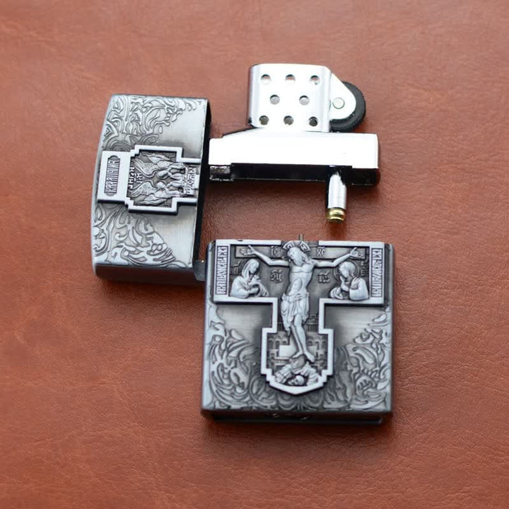 Encendedor de butano recargable con rueda de molienda y relieve de cruz de Jesús