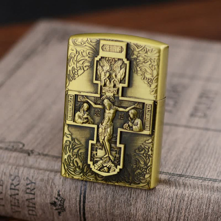 Encendedor de butano recargable con rueda de molienda y relieve de cruz de Jesús
