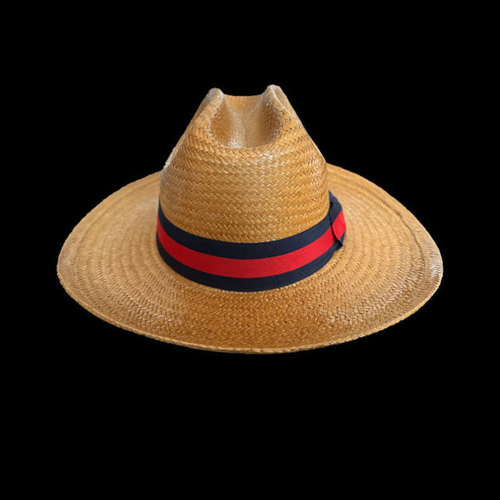 Sombrero de paja vaquero con cinta decorativa roja y azul marino