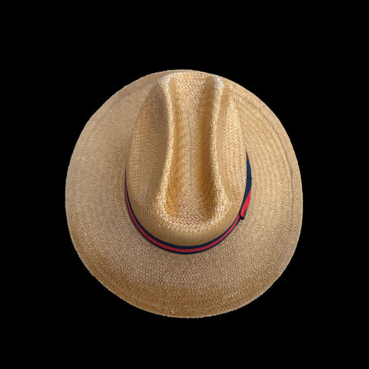 Sombrero de paja vaquero con cinta decorativa roja y azul marino