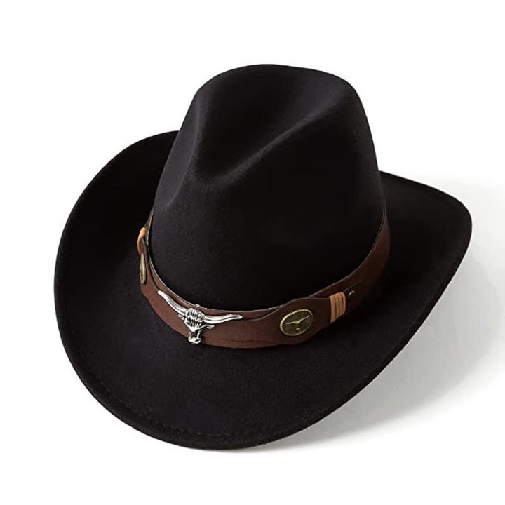 Sombrero de vaquero de fieltro con correa de cabeza de buey y toro salvaje occidental