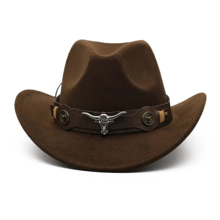 Sombrero de vaquero de fieltro con correa de cabeza de buey y toro salvaje occidental