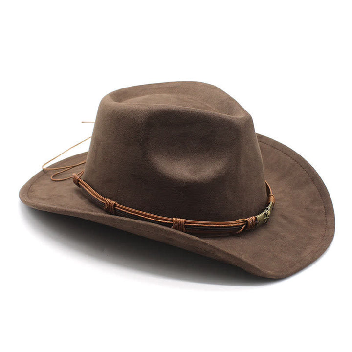 Sombrero de vaquero de fieltro con ala curva y decoración de cuerda de estilo étnico