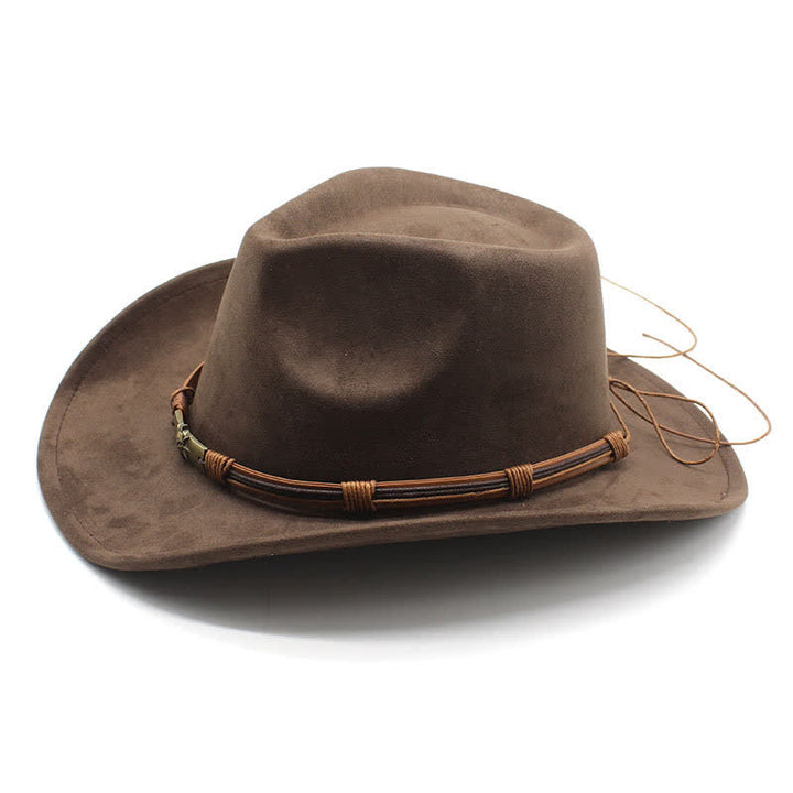 Sombrero de vaquero de fieltro con ala curva y decoración de cuerda de estilo étnico
