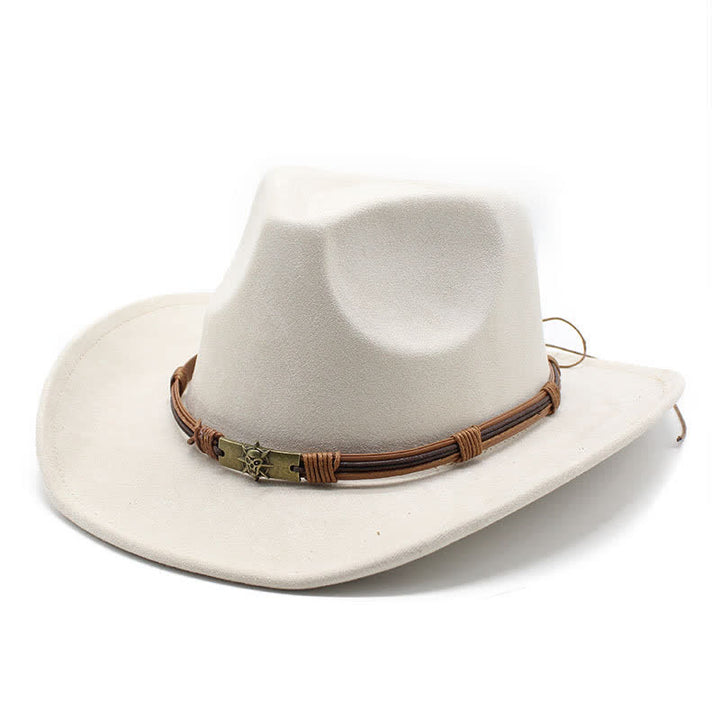 Sombrero de vaquero de fieltro con ala curva y decoración de cuerda de estilo étnico
