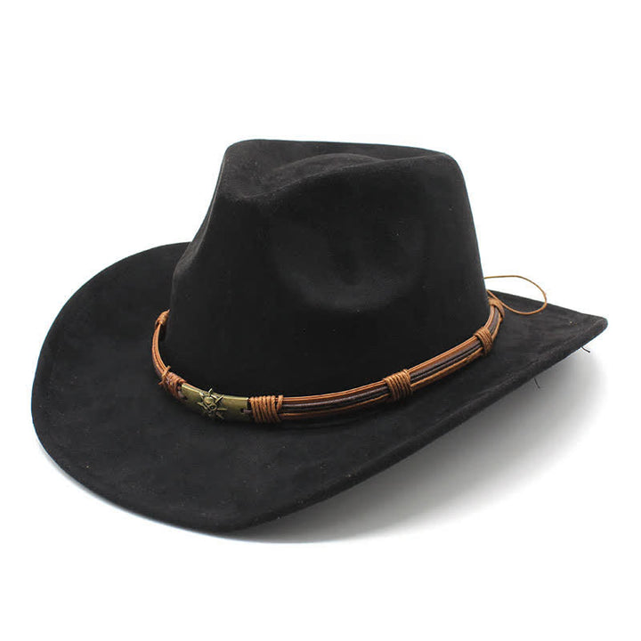Sombrero de vaquero de fieltro con ala curva y decoración de cuerda de estilo étnico