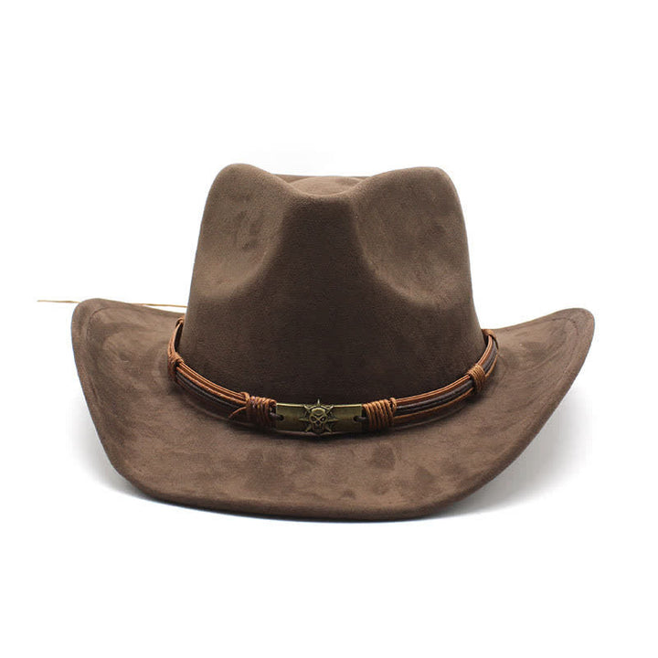 Sombrero de vaquero de fieltro con ala curva y decoración de cuerda de estilo étnico