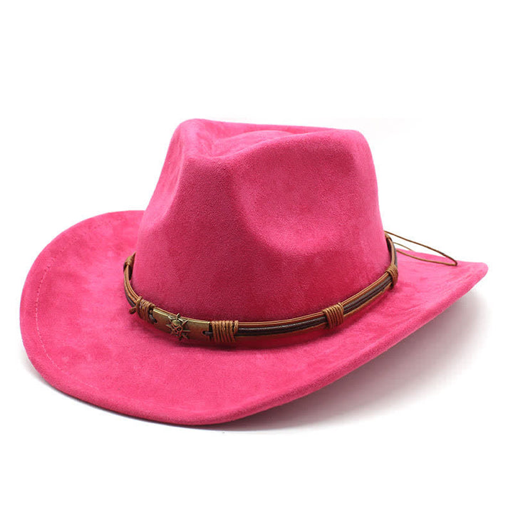 Sombrero de vaquero de fieltro con ala curva y decoración de cuerda de estilo étnico