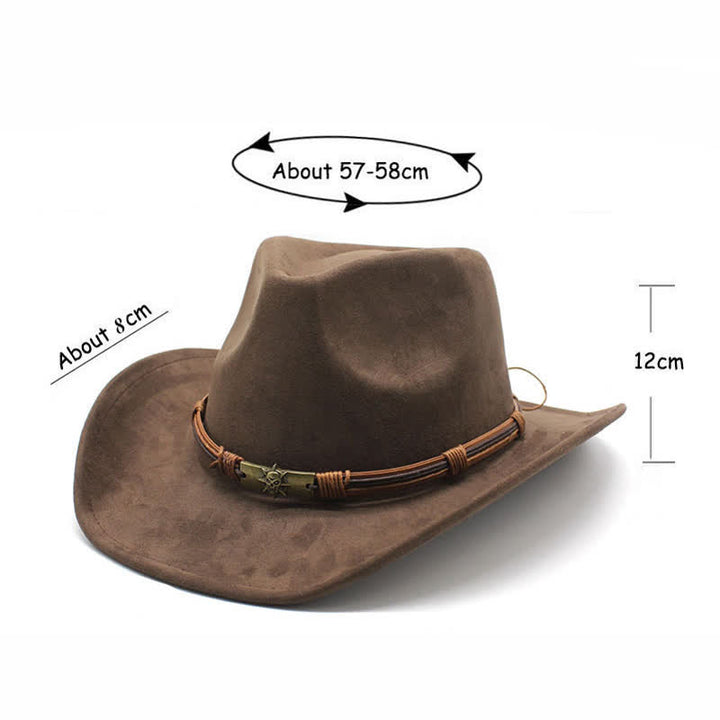 Sombrero de vaquero de fieltro con ala curva y decoración de cuerda de estilo étnico