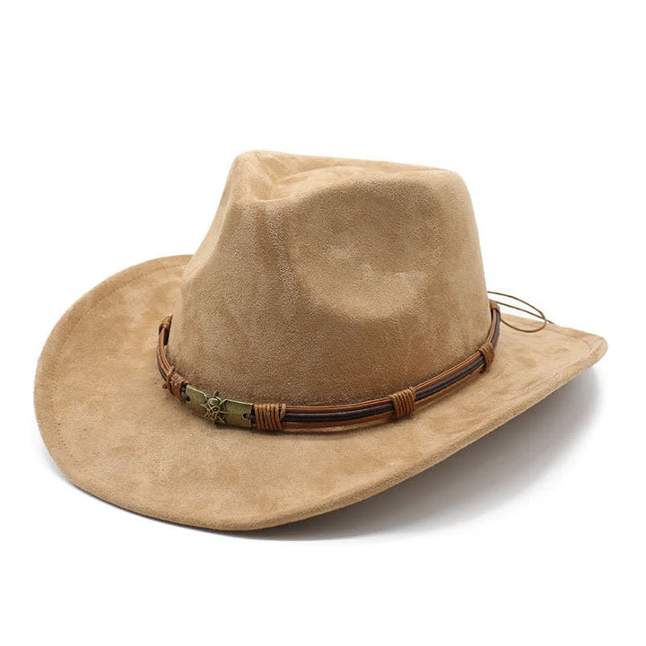 Sombrero de vaquero de fieltro con ala curva y decoración de cuerda de estilo étnico