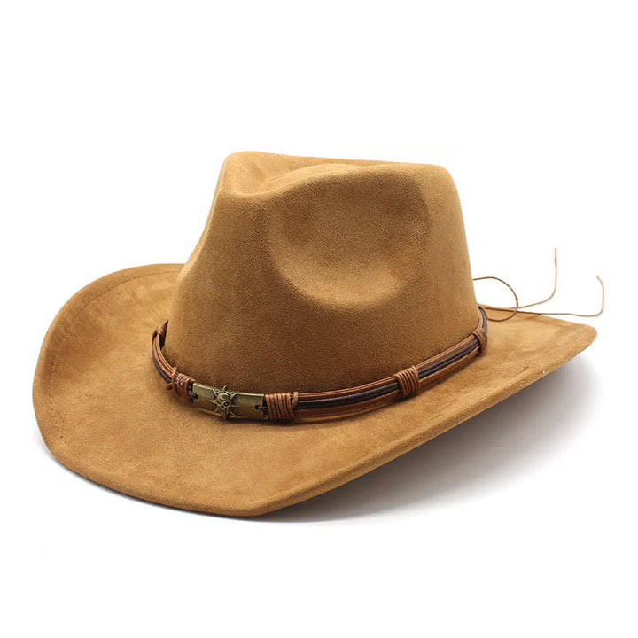 Sombrero de vaquero de fieltro con ala curva y decoración de cuerda de estilo étnico