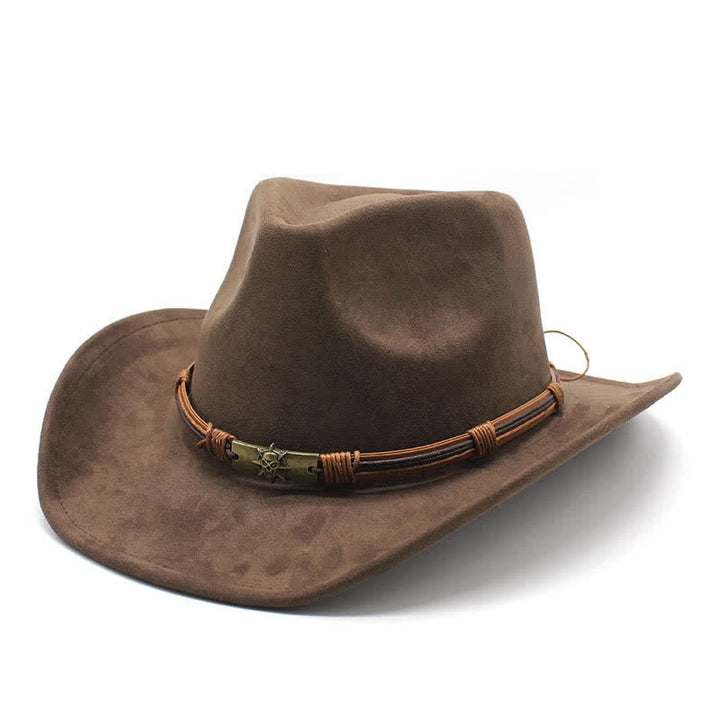 Sombrero de vaquero de fieltro con ala curva y decoración de cuerda de estilo étnico