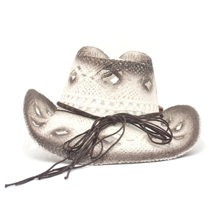 Sombrero de paja estilo vaquero y vaquera con cordón de cuentas huecas estilo bohemio