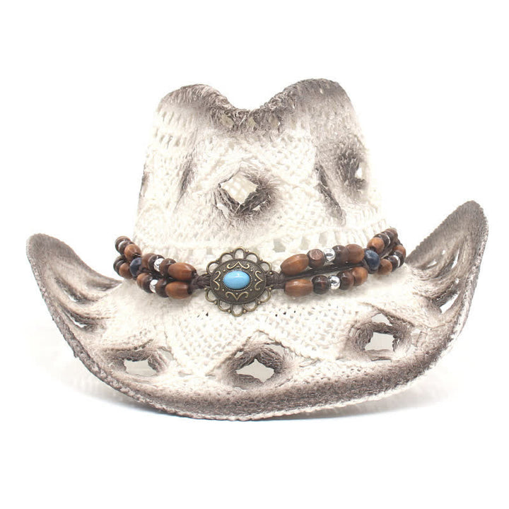 Sombrero de paja estilo vaquero y vaquera con cordón de cuentas huecas estilo bohemio