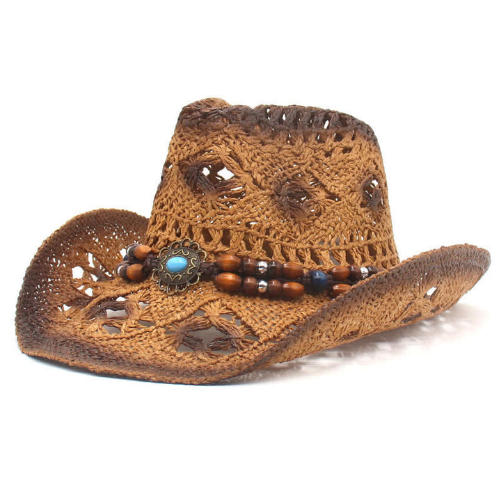 Sombrero de paja estilo vaquero y vaquera con cordón de cuentas huecas estilo bohemio