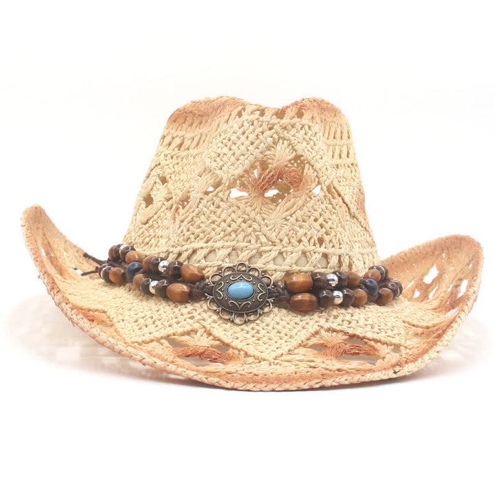 Sombrero de paja estilo vaquero y vaquera con cordón de cuentas huecas estilo bohemio