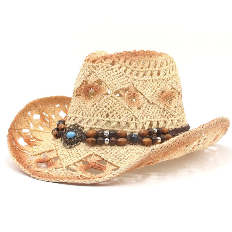 Sombrero de paja estilo vaquero y vaquera con cordón de cuentas huecas estilo bohemio