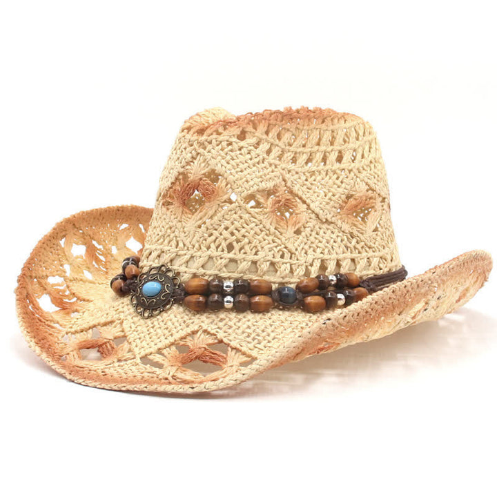 Sombrero de paja estilo vaquero y vaquera con cordón de cuentas huecas estilo bohemio