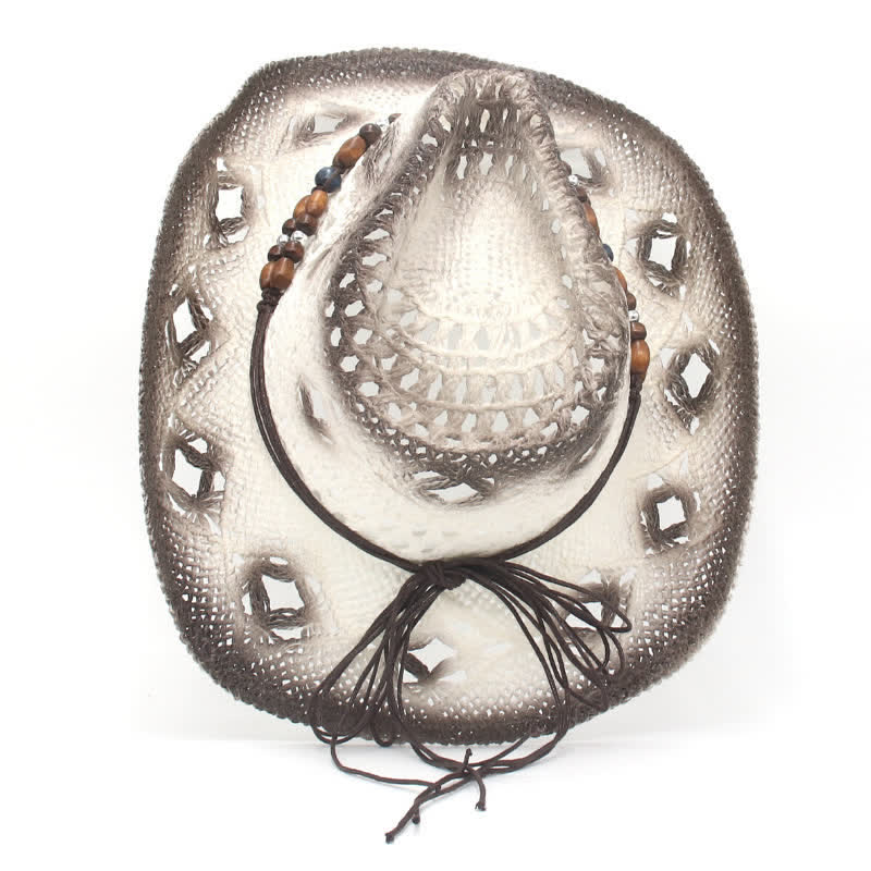 Sombrero de paja estilo vaquero y vaquera con cordón de cuentas huecas estilo bohemio