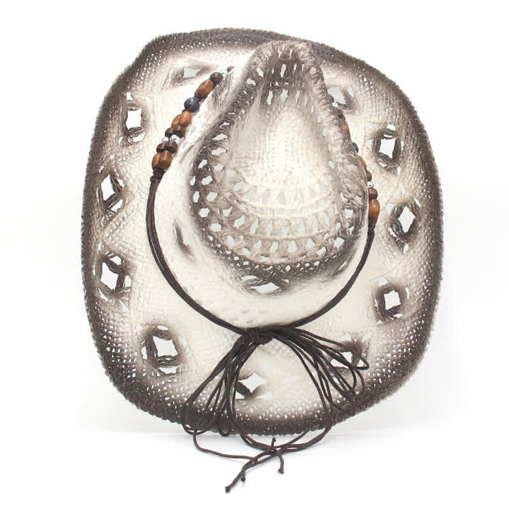 Sombrero de paja estilo vaquero y vaquera con cordón de cuentas huecas estilo bohemio