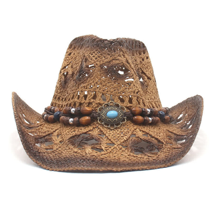 Sombrero de paja estilo vaquero y vaquera con cordón de cuentas huecas estilo bohemio