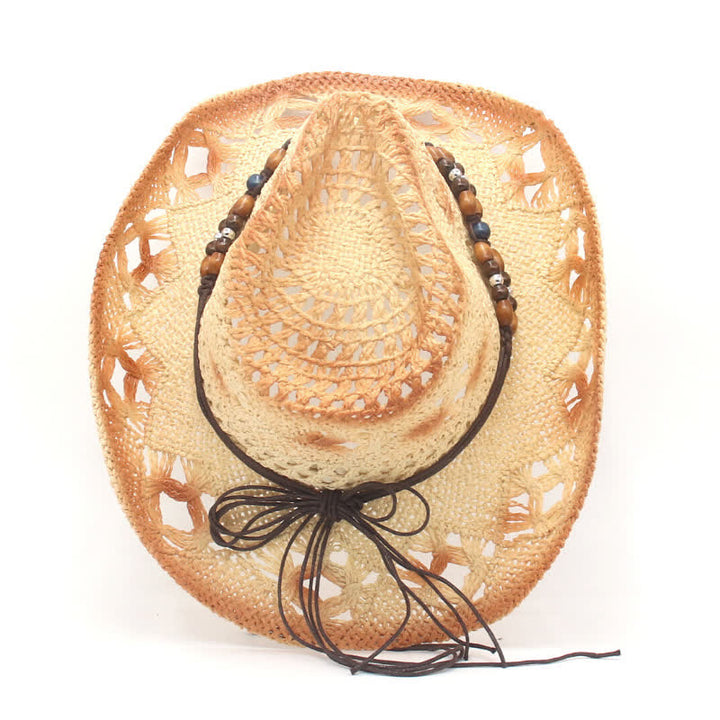 Sombrero de paja estilo vaquero y vaquera con cordón de cuentas huecas estilo bohemio